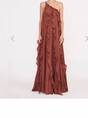 STAUD April Dress Clove. One-Shoulder Ruffle Gown in Rust Brown